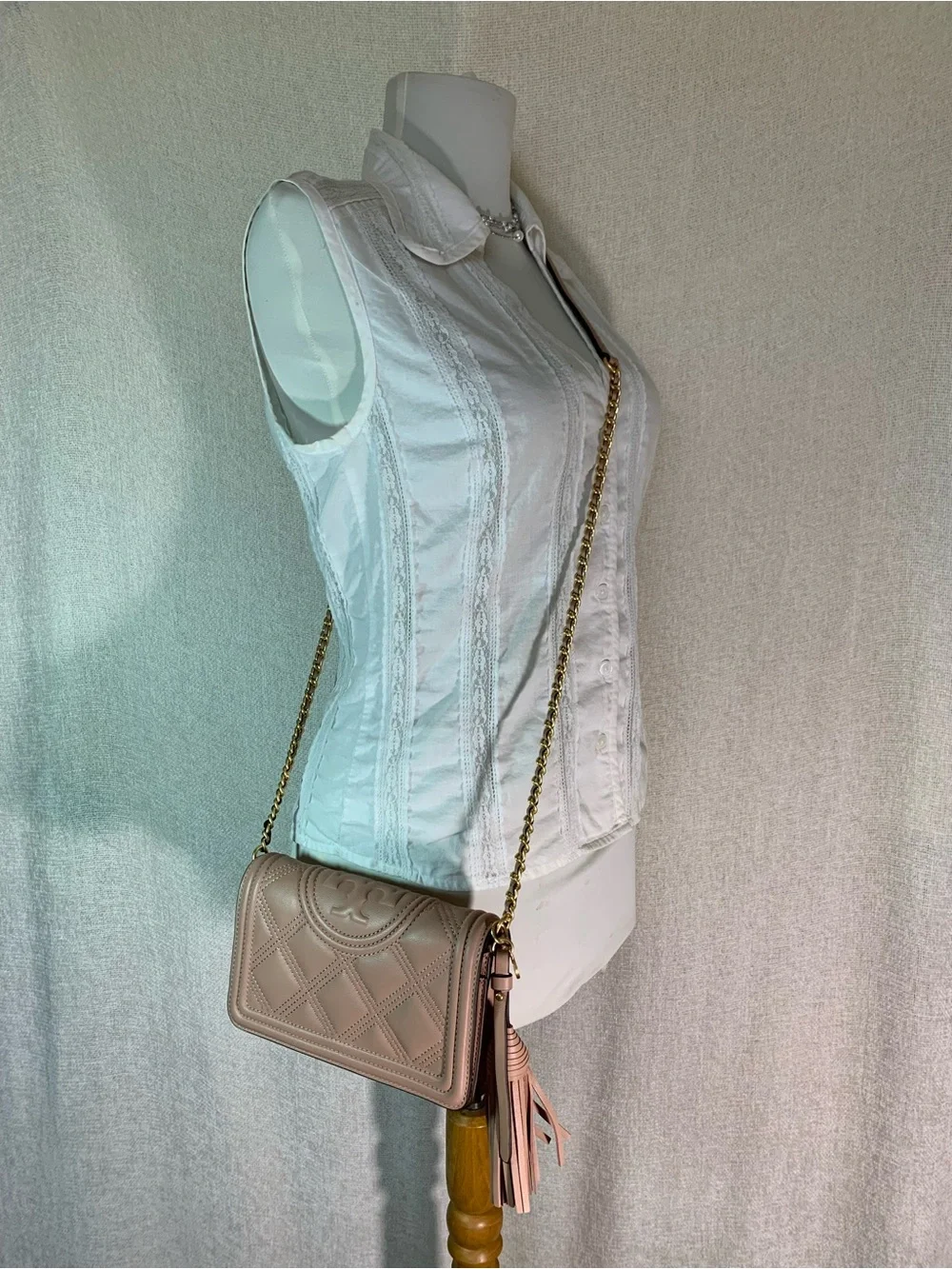 Tory Burch Fleming Pink Moon Quilted Leather Chain Wallet Crossbody Bag